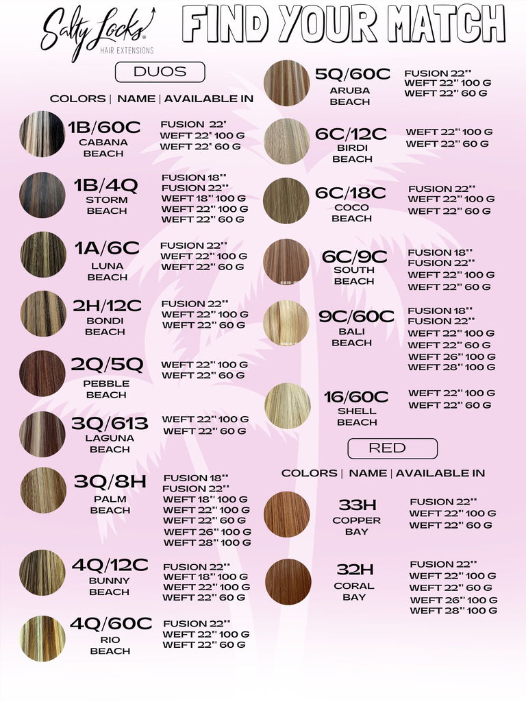 Explore Salty Locks Hair Extensions Color Chart - Tape-In, Ponytail, and Loc Extensions. Find a variety of stunning colors for your hair extensions. Discover hair extensions near me at Bellami for premium quality and style options