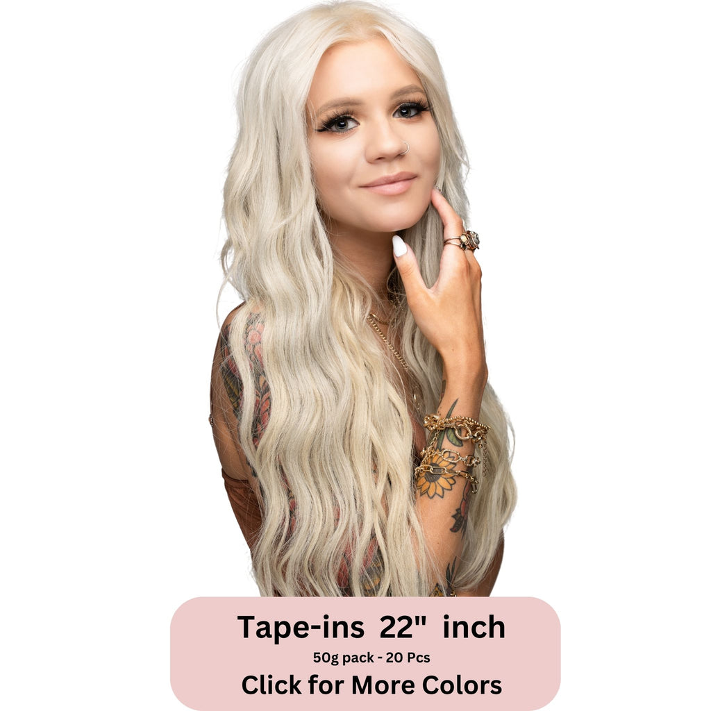Model with 22-inch Tape-In Hair Extensions - Near Me - 50g Pack. Long and Ashy Blonde Hair. Non-pink coloring. Discover premium tape-in hair extensions near me. Luxurious 22" inch Remy hair extensions for a natural and beautiful hair transformation bellami hair extensions, ponytail extension