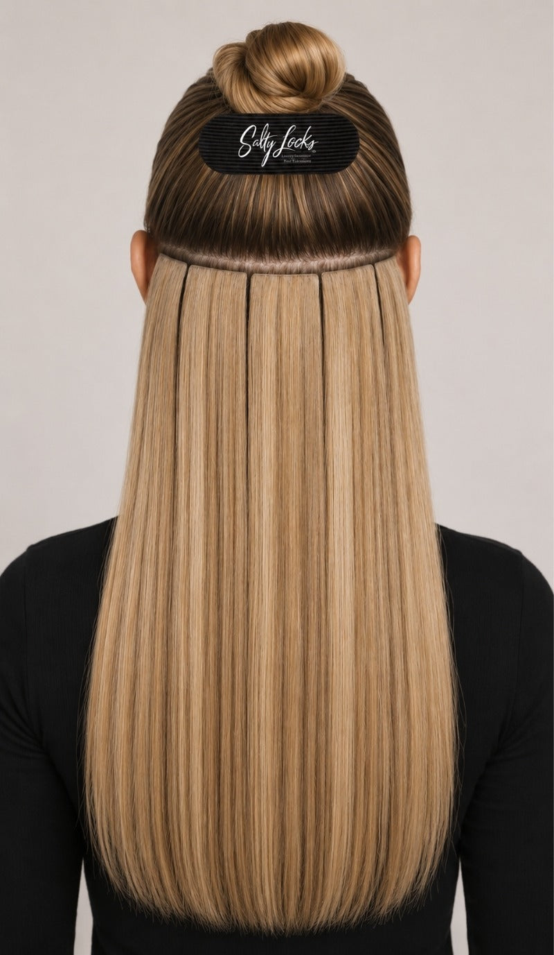 Salty Locks invisible tape-in hair extensions applied to the back of the hair, showing seamless volume, length, and blending with natural hair.